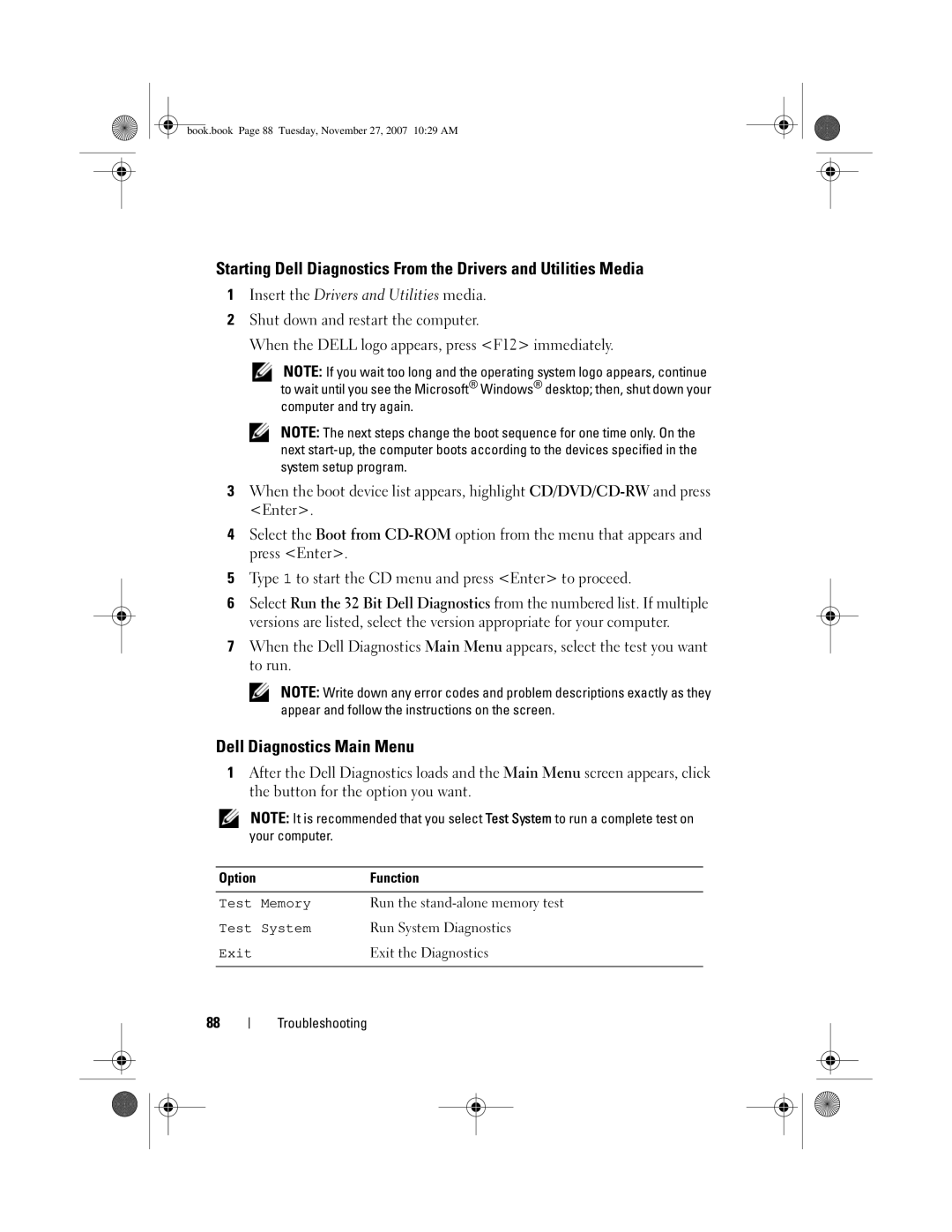 Dell GX404, DC01L owner manual Dell Diagnostics Main Menu, Option Function 