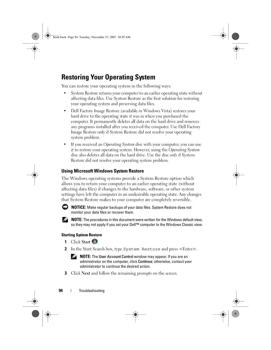 Dell GX404, DC01L owner manual Restoring Your Operating System, Using Microsoft Windows System Restore 