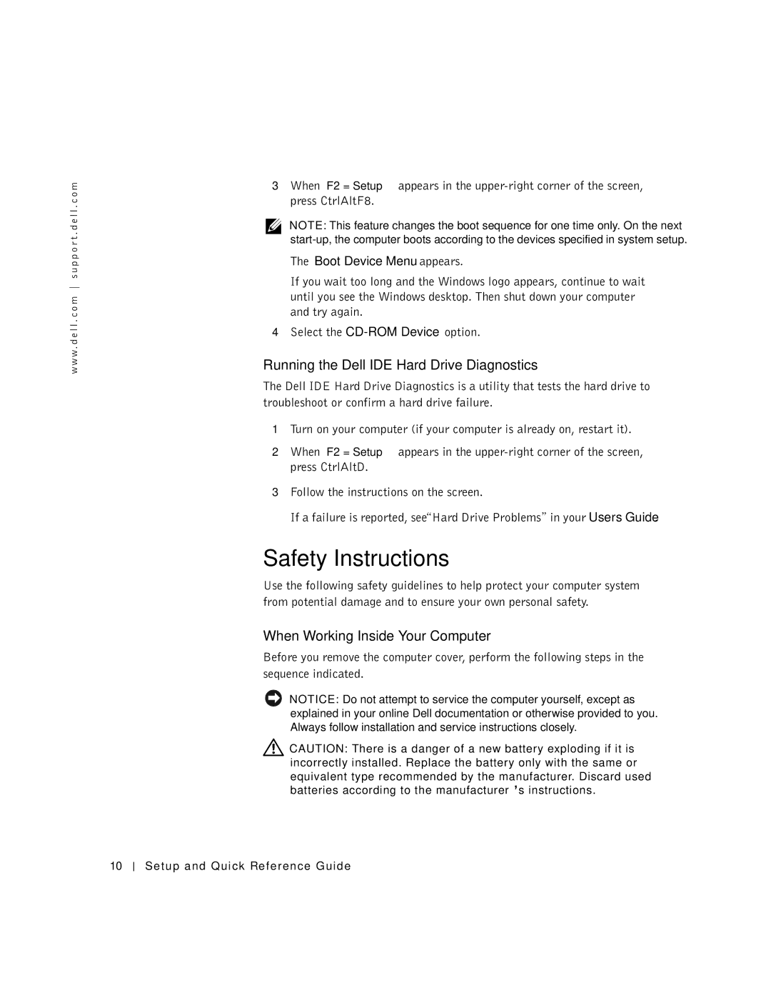 Dell 94CGN, GX50 manual Safety Instructions, Running the Dell IDE Hard Drive Diagnostics, When Working Inside Your Computer 