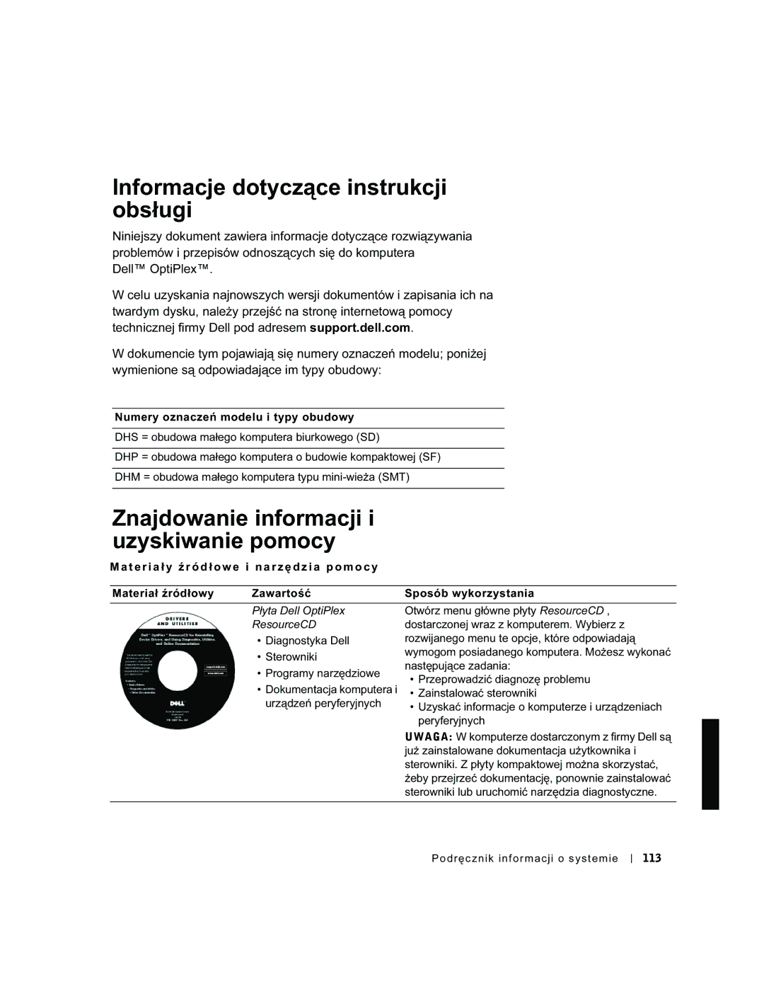 Dell GX50, 94CGN manual Informacje dotyczące instrukcji obsługi, Znajdowanie informacji i uzyskiwanie pomocy 