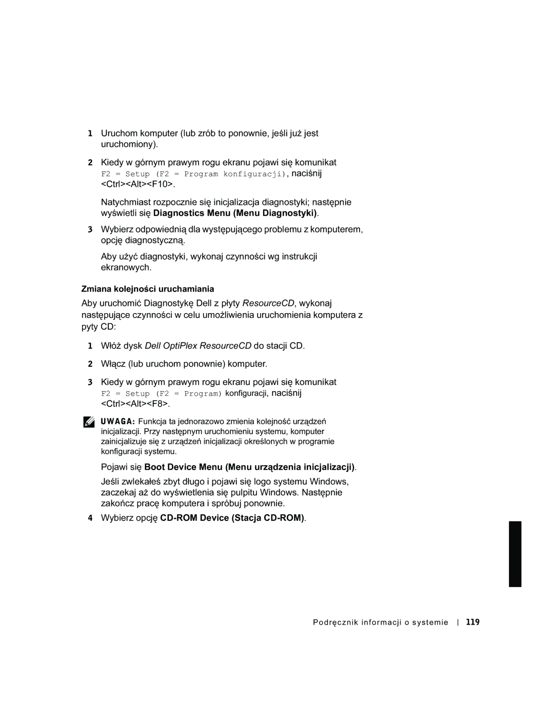 Dell GX50, 94CGN manual F2 = Setup F2 = Program konfiguracji, naciśnij CtrlAltF10, 119 