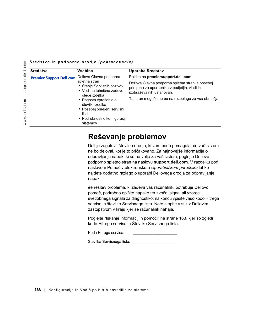 Dell 94CGN, GX50 manual Reševanje problemov, Pogosta vprašanja o, Koda Hitrega servisa Stevilka Servisnega lista 166 