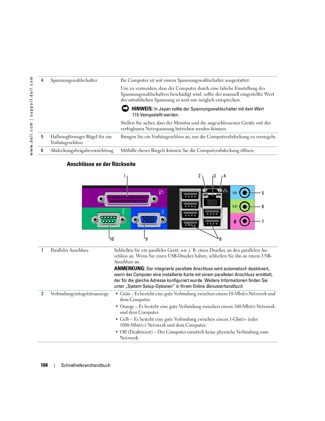 Dell GX520 manual Anschlüsse an der Rückseite, 104, Paralleler Anschluss, Anschluss an 