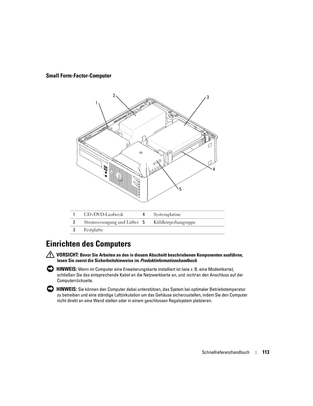 Dell GX520 manual Einrichten des Computers, Small Form-Factor-Computer, 113, Laufwerk Systemplatine 