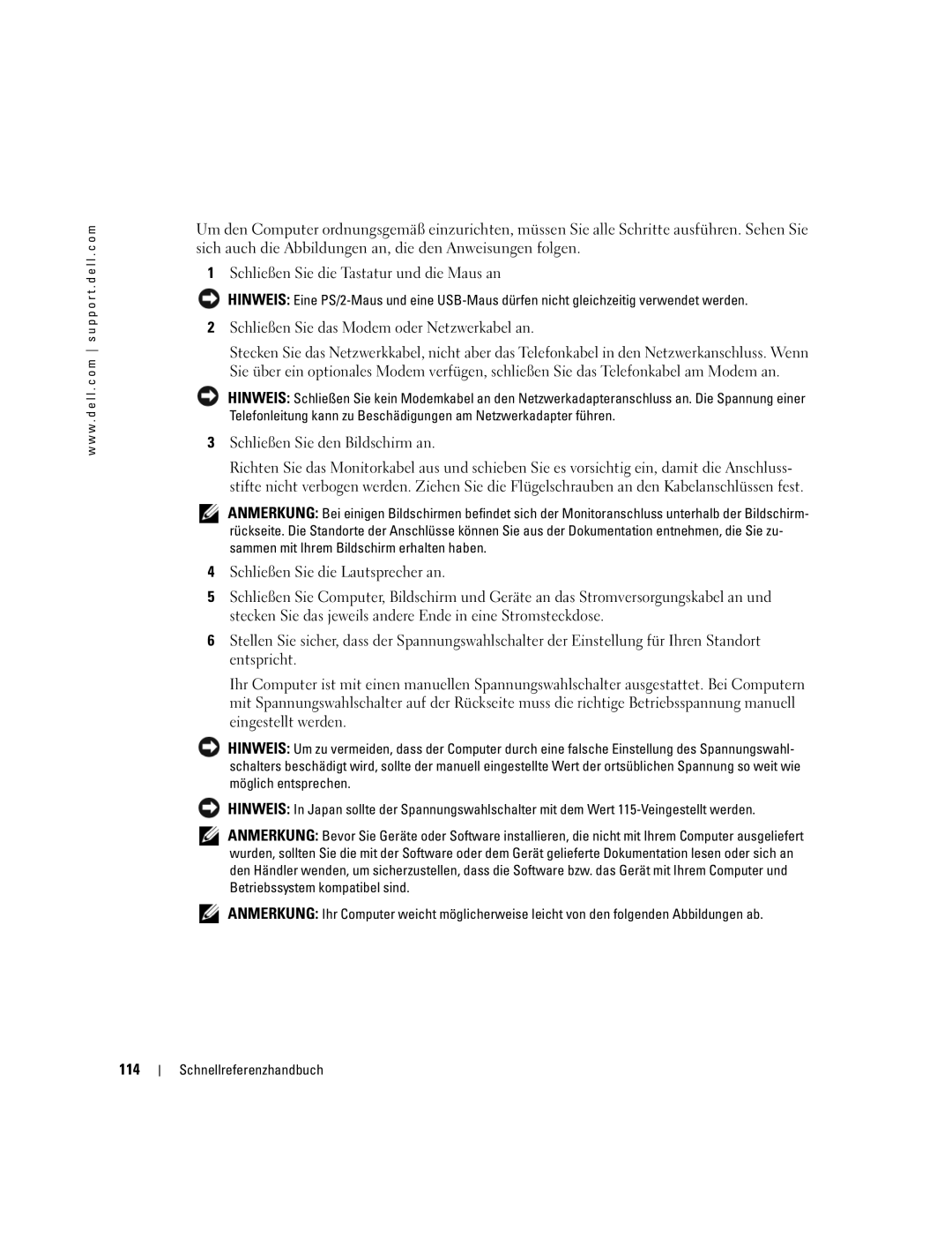 Dell GX520 manual Schließen Sie die Tastatur und die Maus an, Schließen Sie das Modem oder Netzwerkabel an, 114 