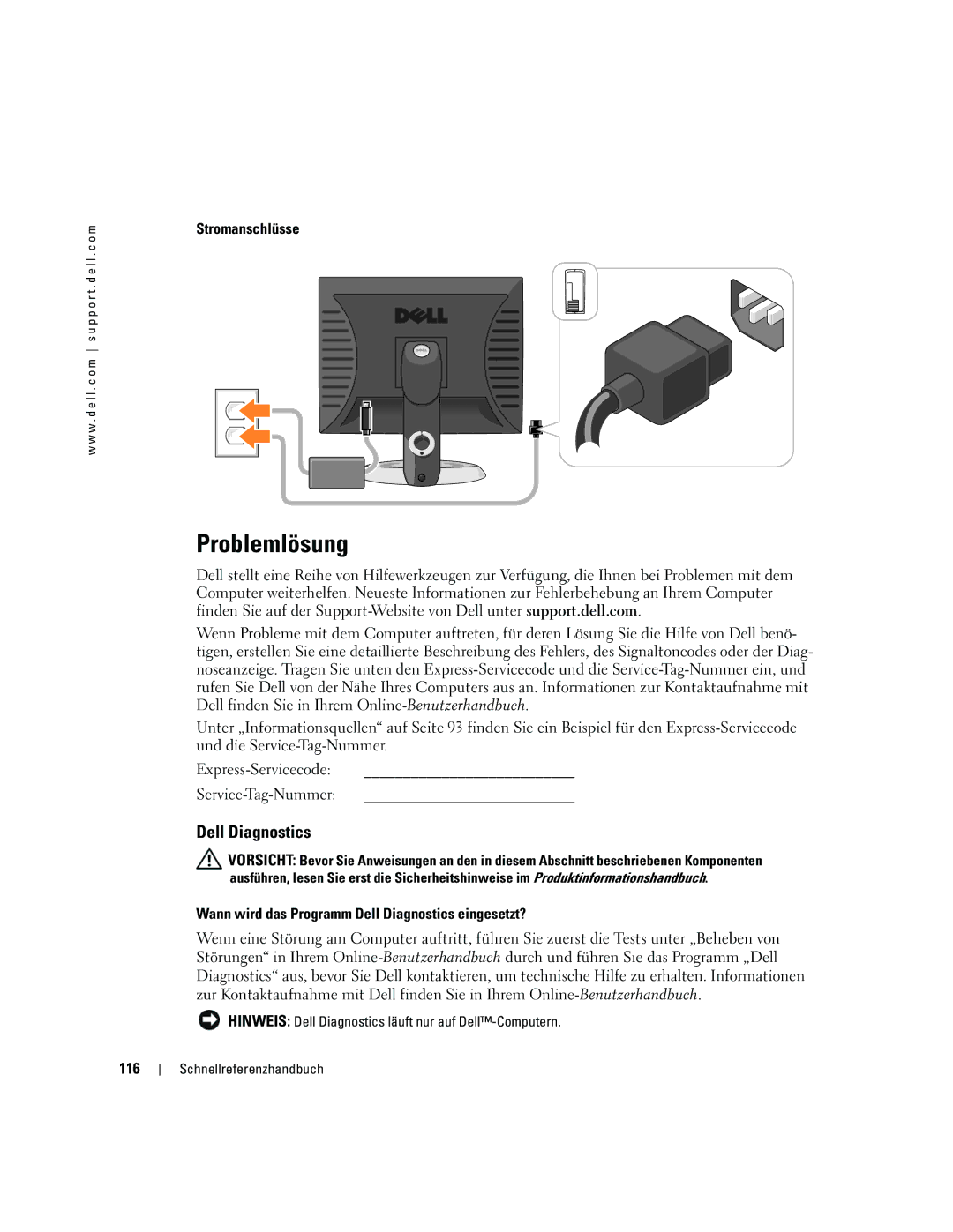 Dell GX520 manual Problemlösung, Stromanschlüsse, Wann wird das Programm Dell Diagnostics eingesetzt?, 116 