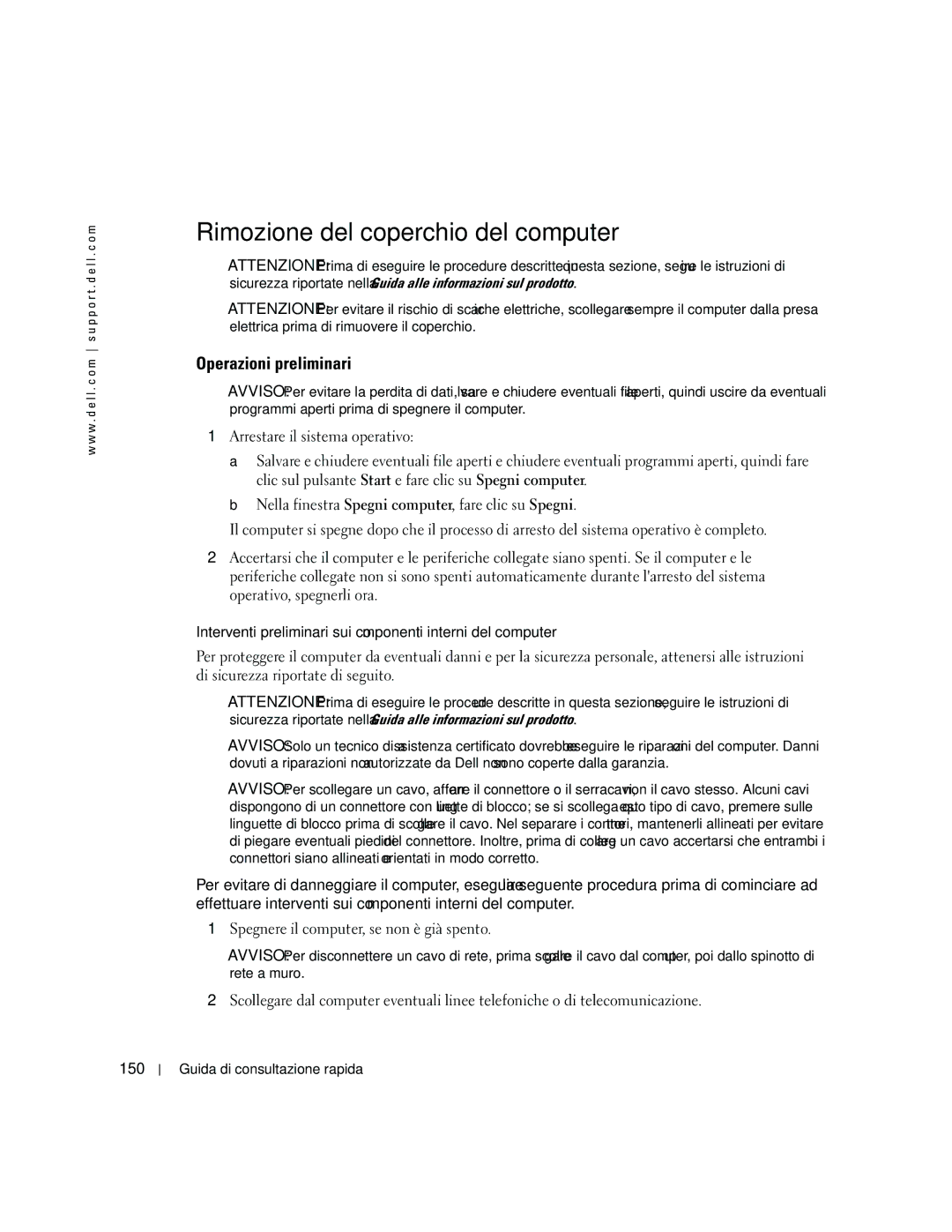 Dell GX520 manual Rimozione del coperchio del computer, Operazioni preliminari, 150 