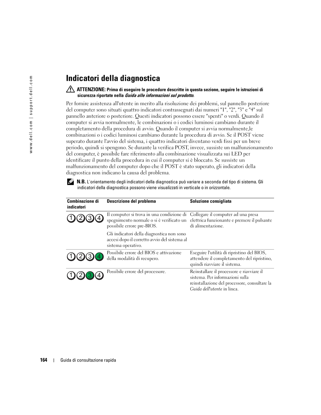 Dell GX520 manual Indicatori della diagnostica, 164, Sistema. Per informazioni sulla 