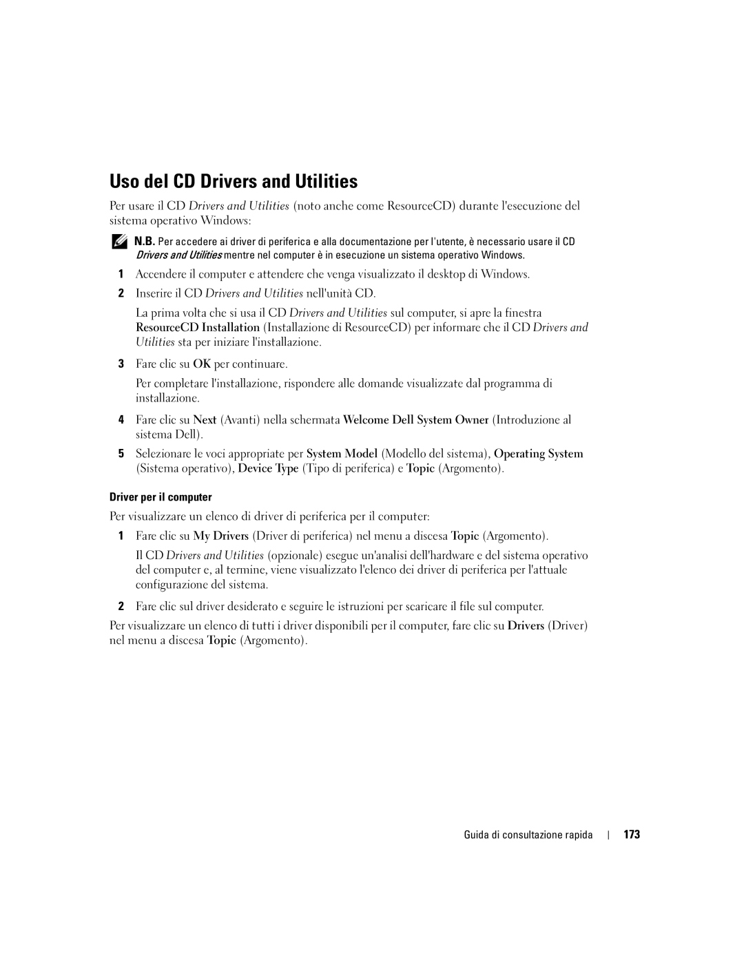 Dell GX520 manual Uso del CD Drivers and Utilities, Driver per il computer, 173 