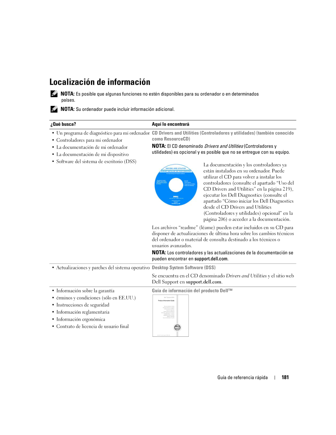 Dell GX520 manual Localización de información, 181 