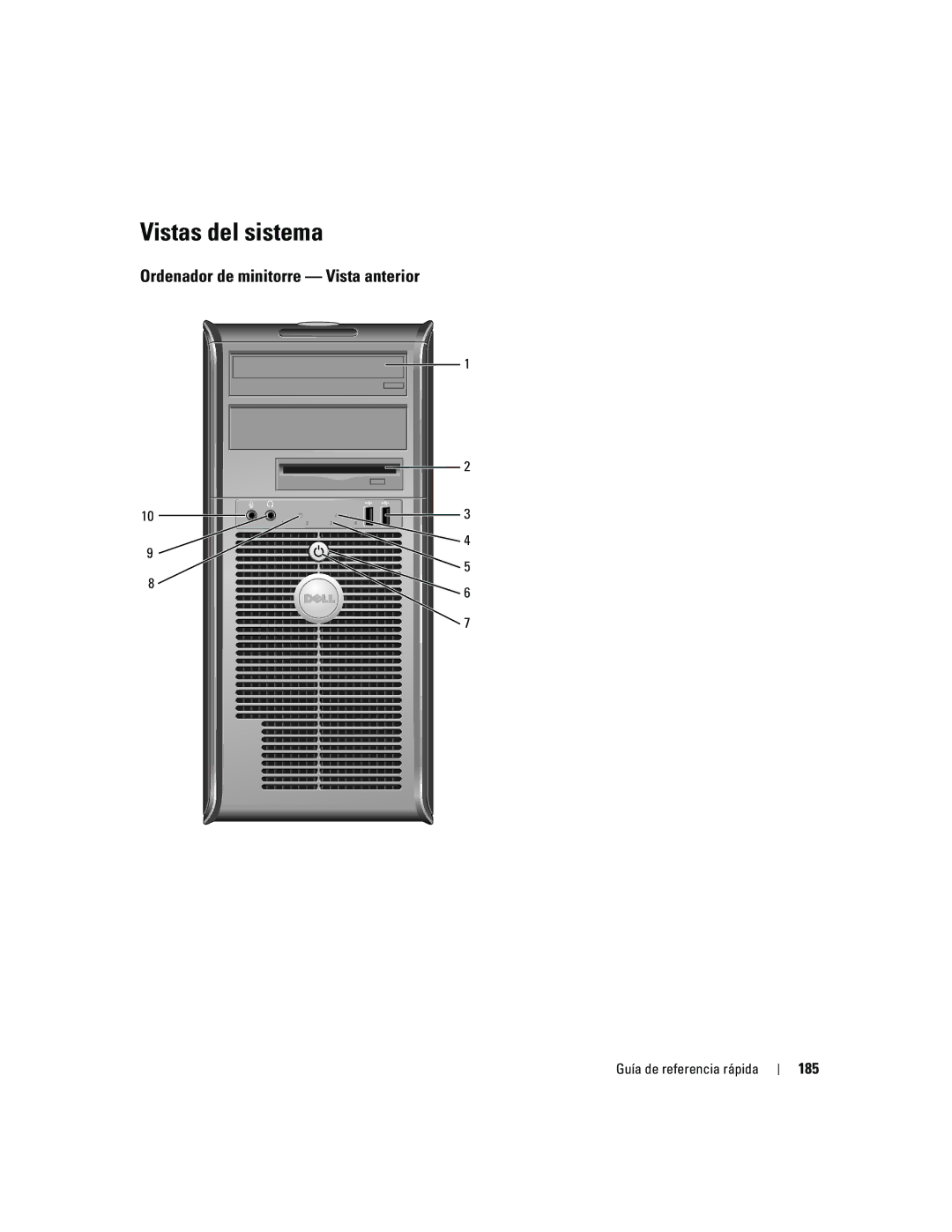 Dell GX520 manual Vistas del sistema, Ordenador de minitorre Vista anterior, 185 
