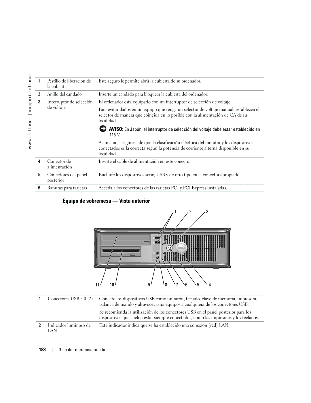 Dell GX520 manual Equipo de sobremesa Vista anterior, 188 