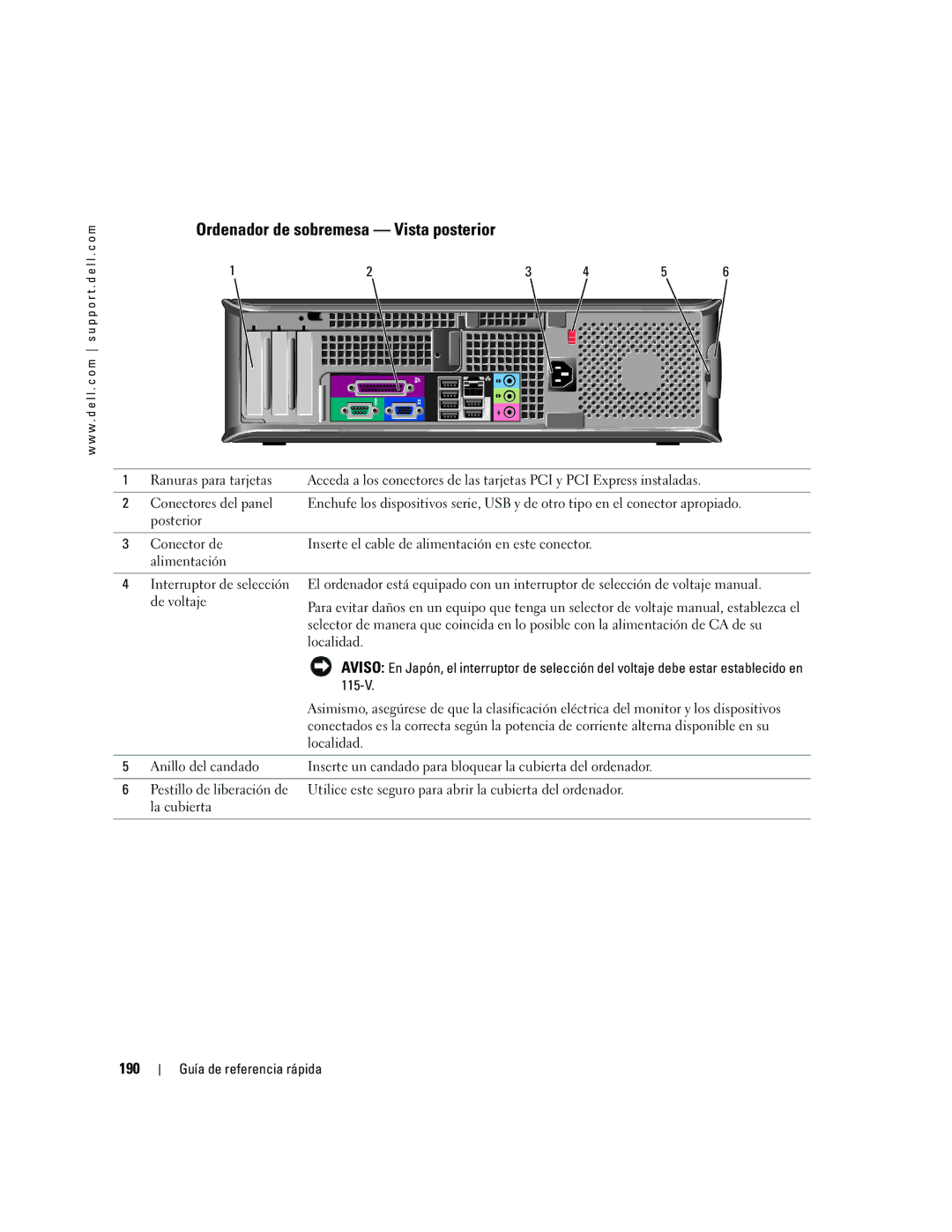 Dell GX520 manual Ordenador de sobremesa Vista posterior, 190 