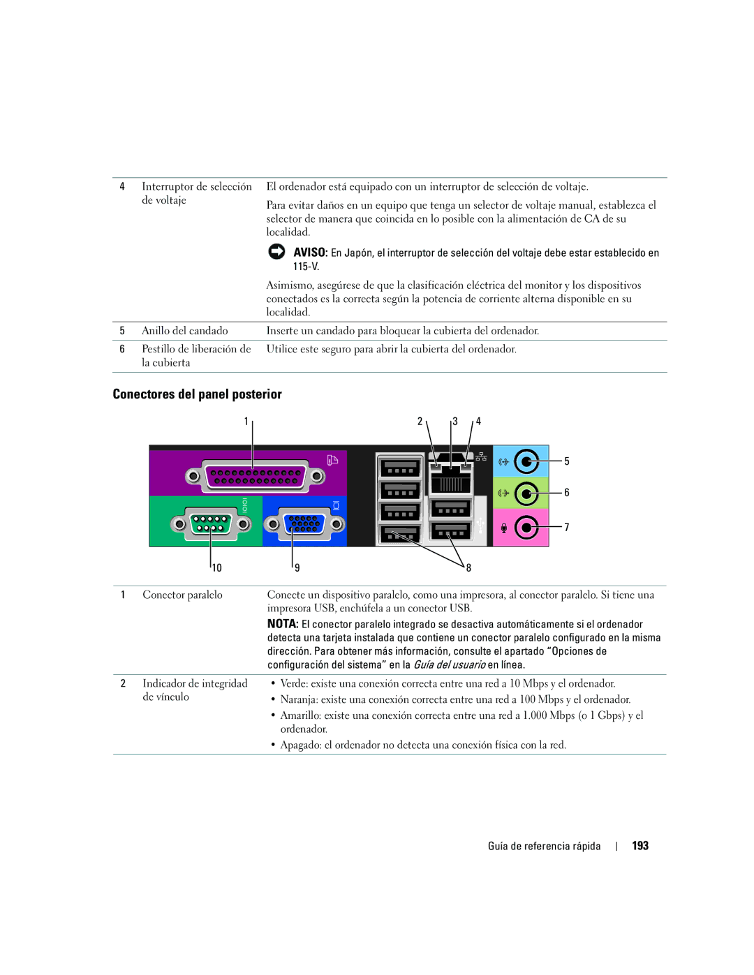 Dell GX520 manual Conectores del panel posterior, 193 