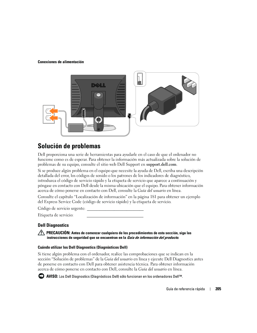 Dell GX520 Solución de problemas, Conexiones de alimentación, Cuándo utilizar los Dell Diagnostics Diagnósticos Dell, 205 