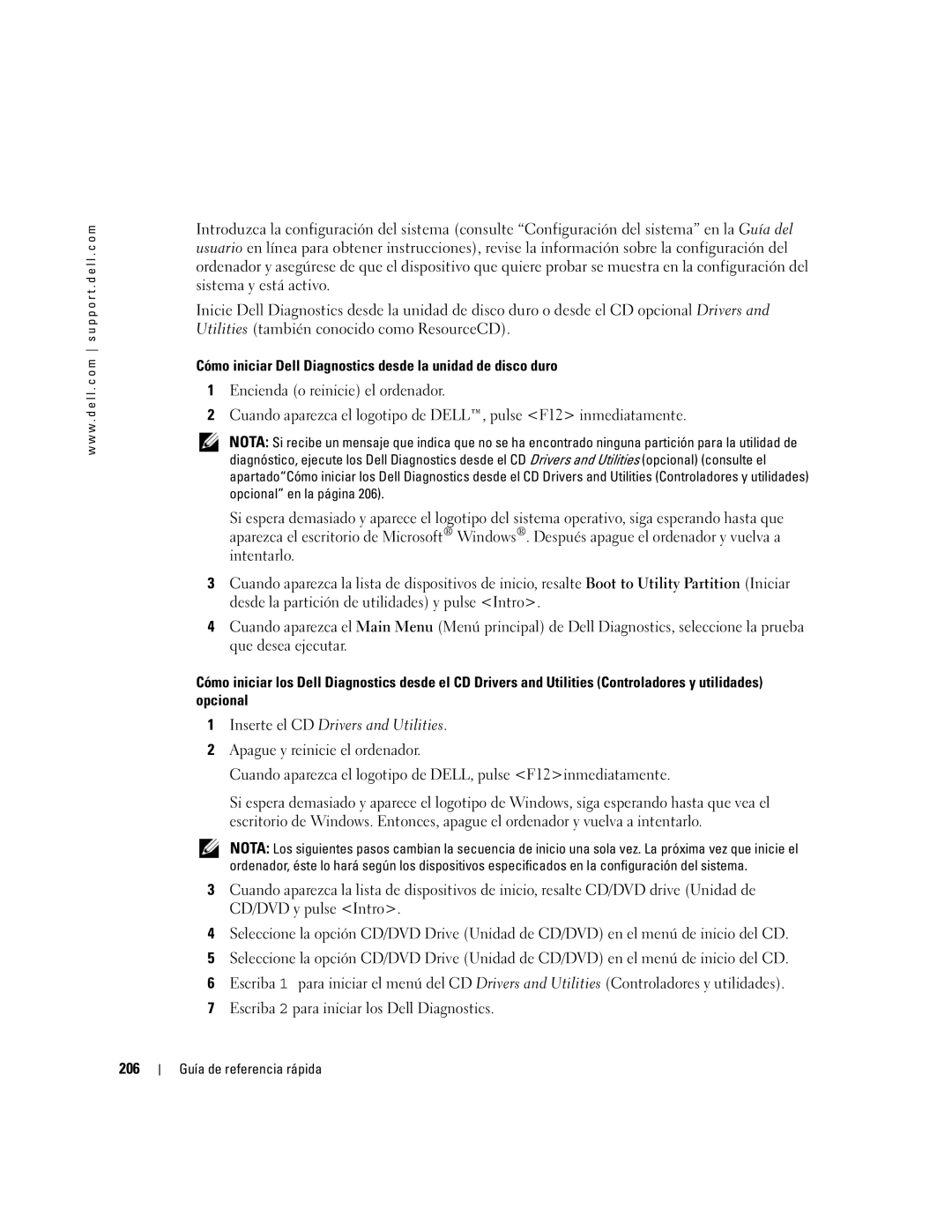 Dell GX520 manual Cómo iniciar Dell Diagnostics desde la unidad de disco duro, 206 