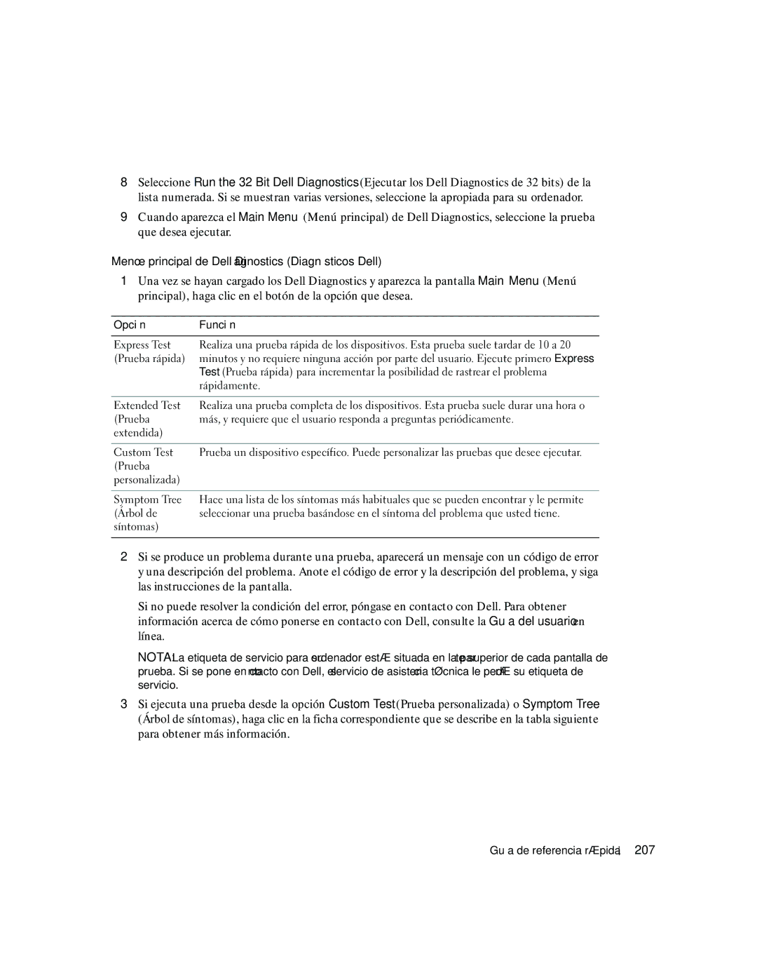 Dell GX520 manual Menú principal de Dell Diagnostics Diagnósticos Dell, 207, Opción Función 