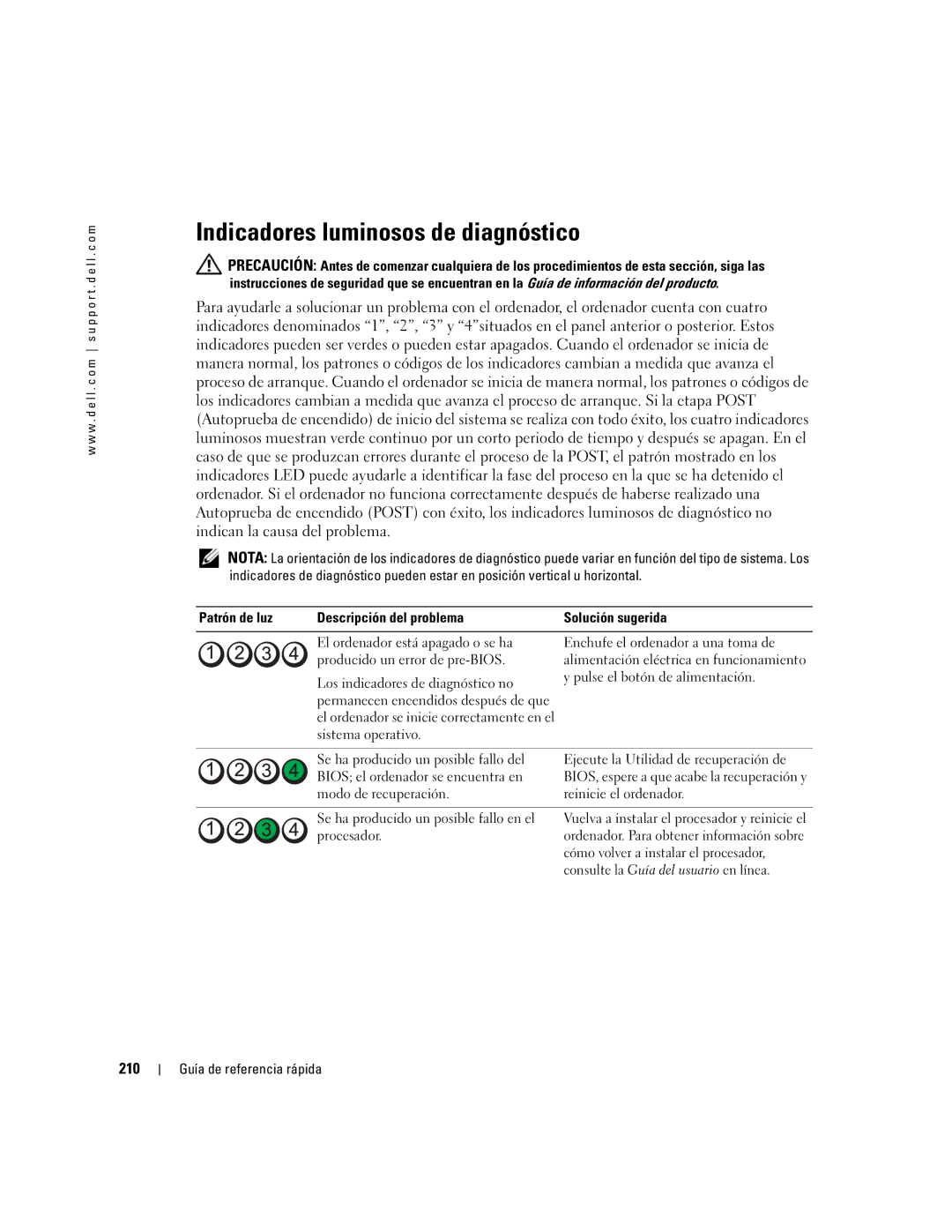 Dell GX520 manual Indicadores luminosos de diagnóstico, 210, Cómo volver a instalar el procesador 