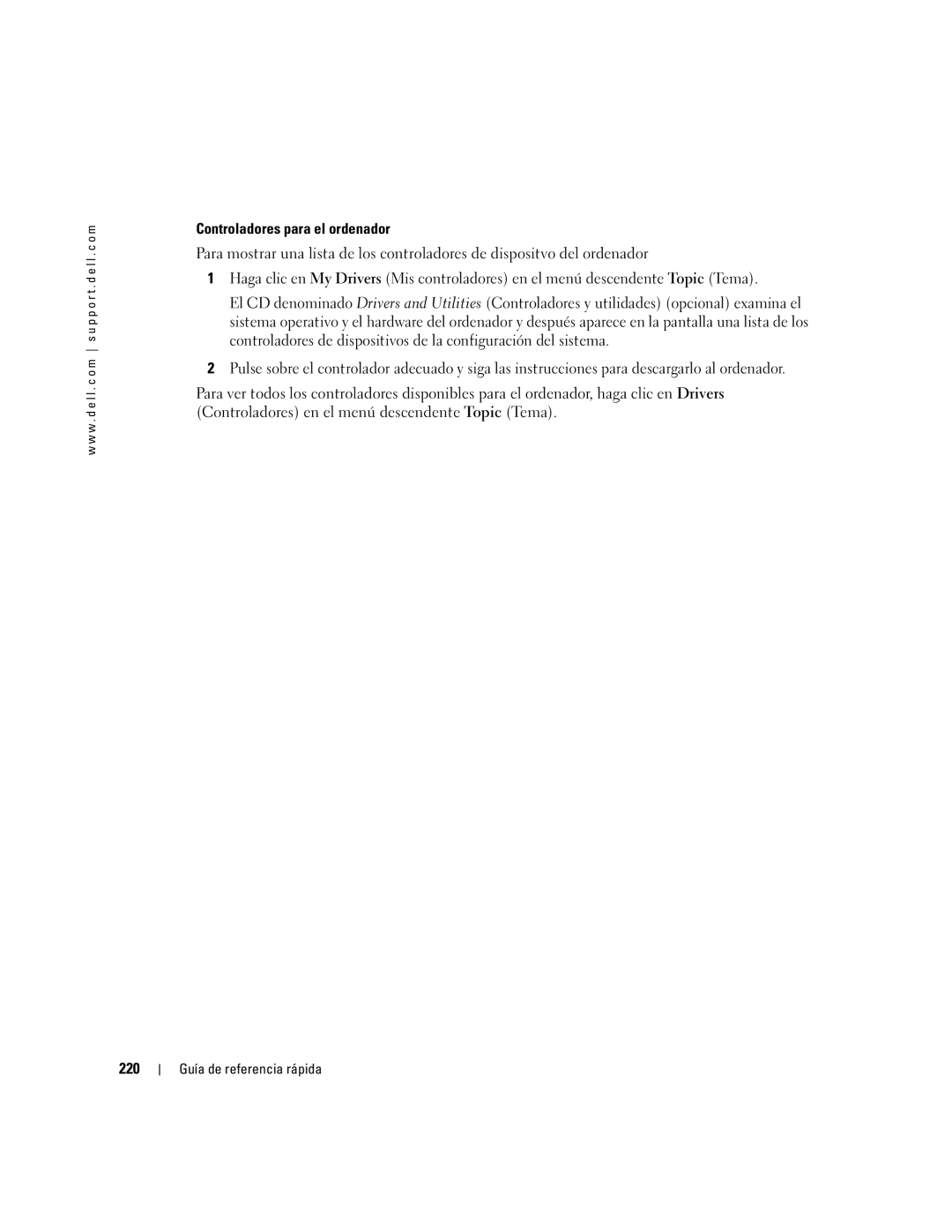 Dell GX520 manual Controladores para el ordenador, 220 