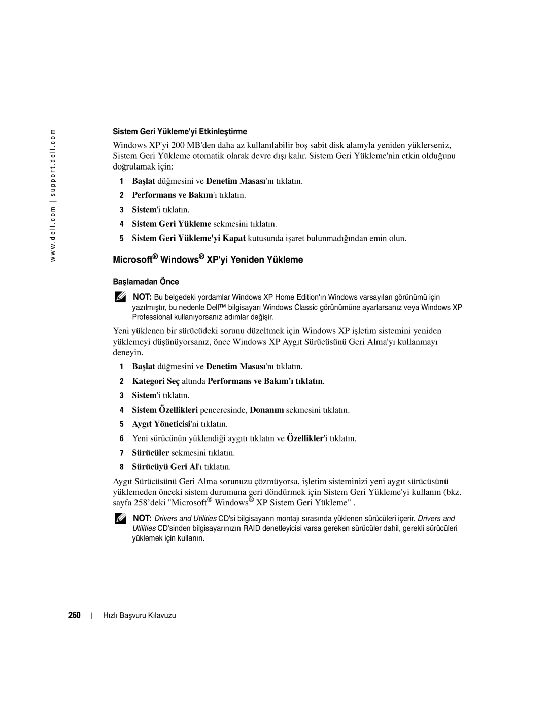 Dell GX520 manual Microsoft Windows XPyi Yeniden Yükleme, 260 