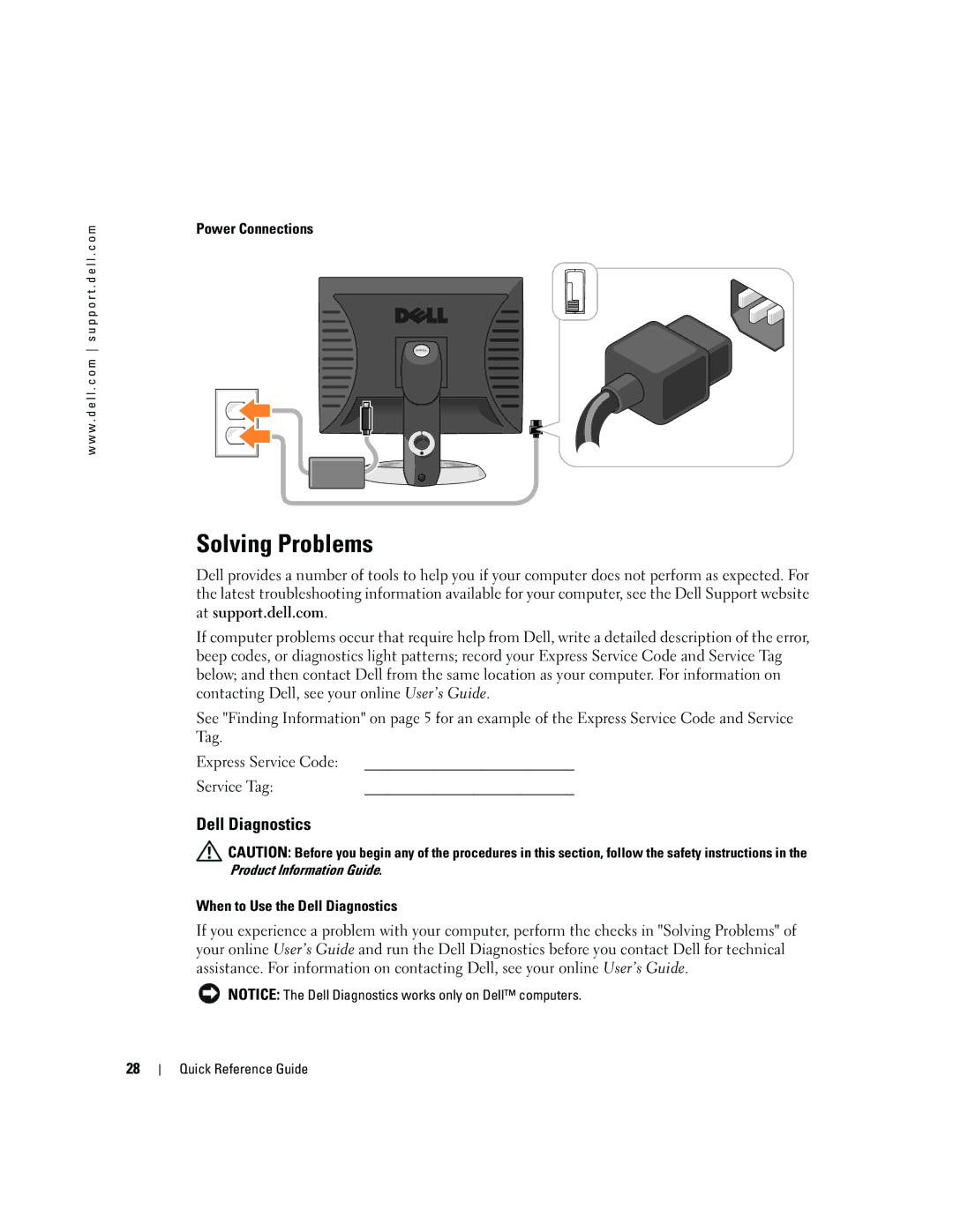 Dell GX520 manual Solving Problems, Power Connections, When to Use the Dell Diagnostics, Product Information Guide 