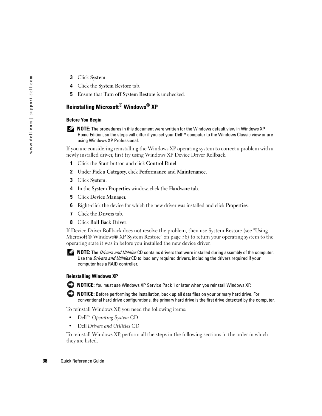 Dell GX520 manual Reinstalling Microsoft Windows XP, Before You Begin, Reinstalling Windows XP 