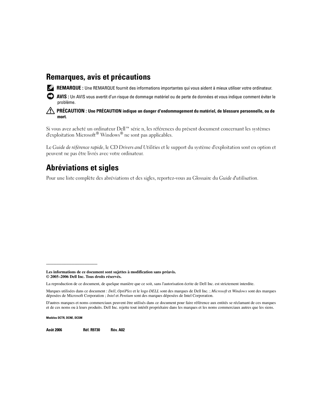 Dell GX520 manual Remarques, avis et précautions, Abréviations et sigles 