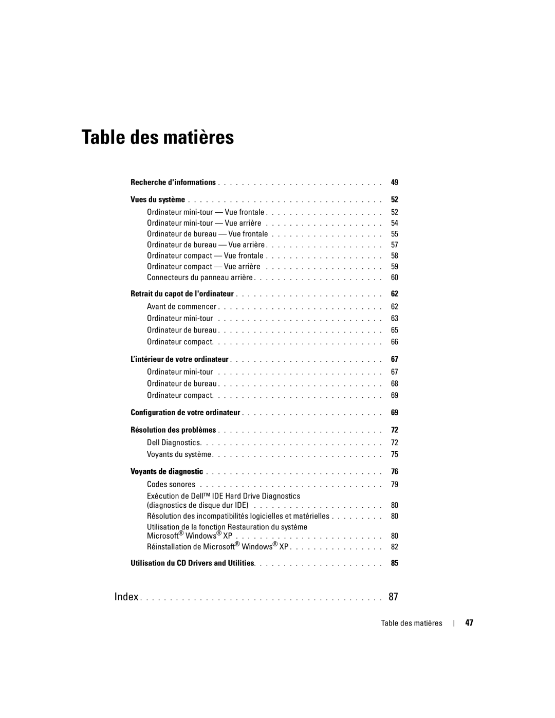 Dell GX520 manual Exécution de Dell IDE Hard Drive Diagnostics, Réinstallation de Microsoft Windows XP, Table des matières 