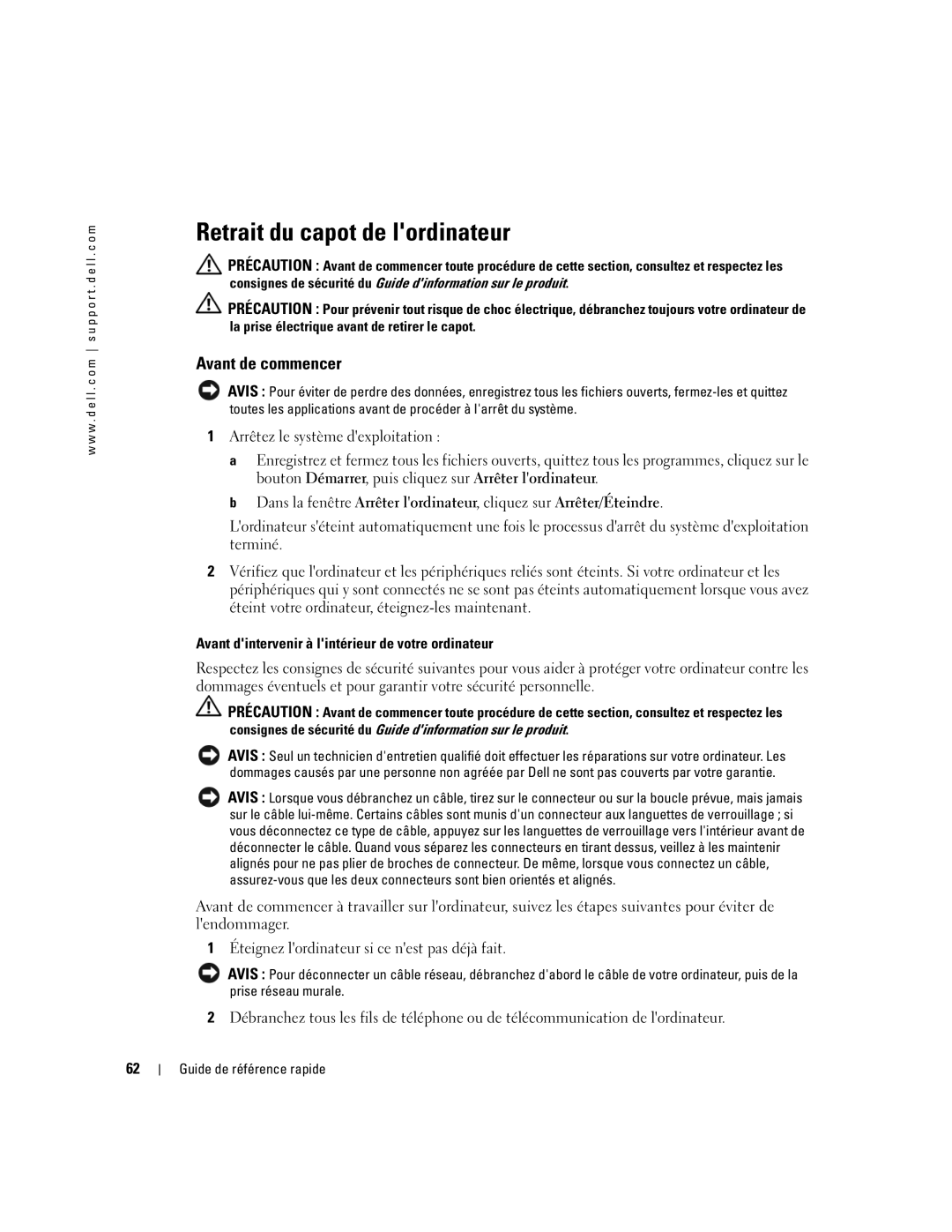 Dell GX520 manual Retrait du capot de lordinateur, Avant de commencer, Avant dintervenir à lintérieur de votre ordinateur 