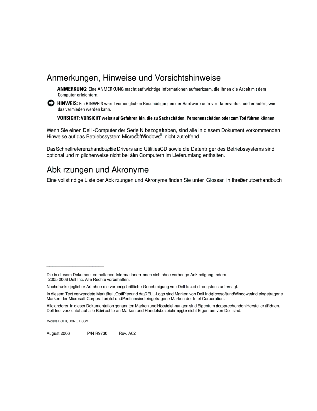 Dell GX520 manual Anmerkungen, Hinweise und Vorsichtshinweise, Abkürzungen und Akronyme 