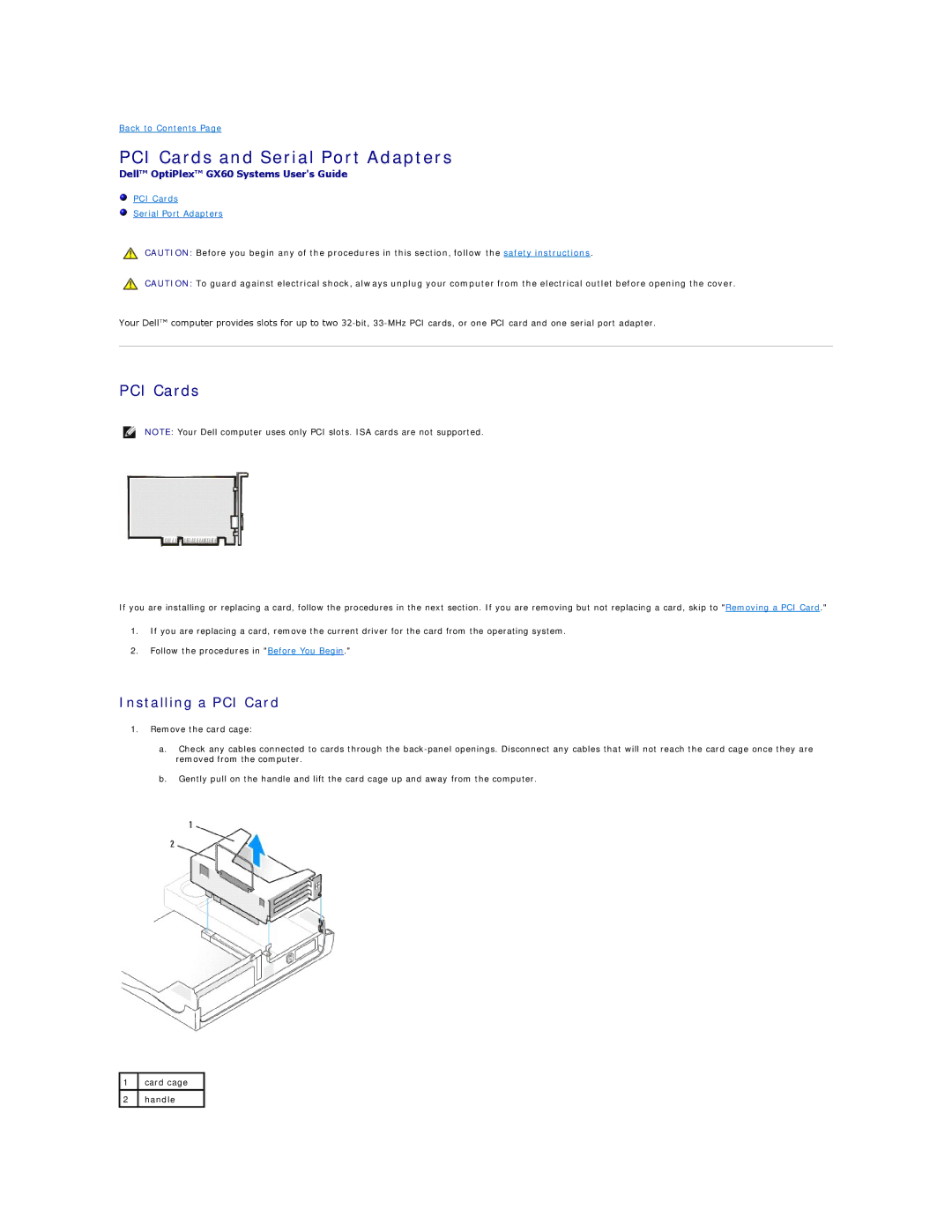 Dell GX60 manual PCI Cards and Serial Port Adapters, Installing a PCI Card 