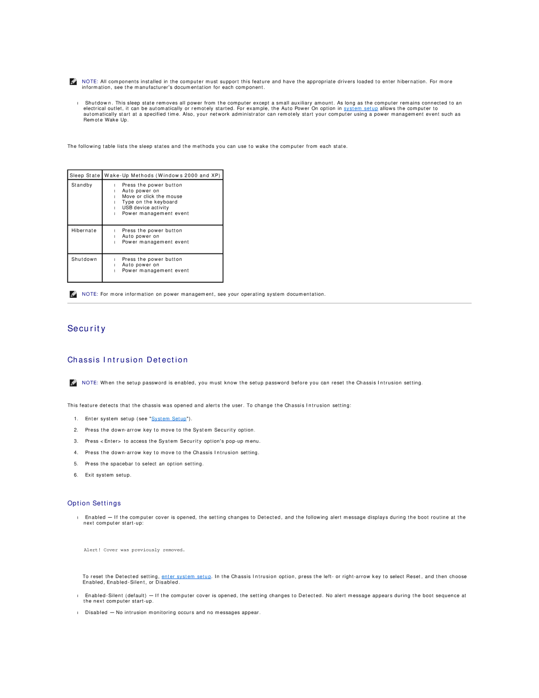 Dell GX60 manual Security, Chassis Intrusion Detection, Sleep State Wake-Up Methods Windows 2000 and XP 