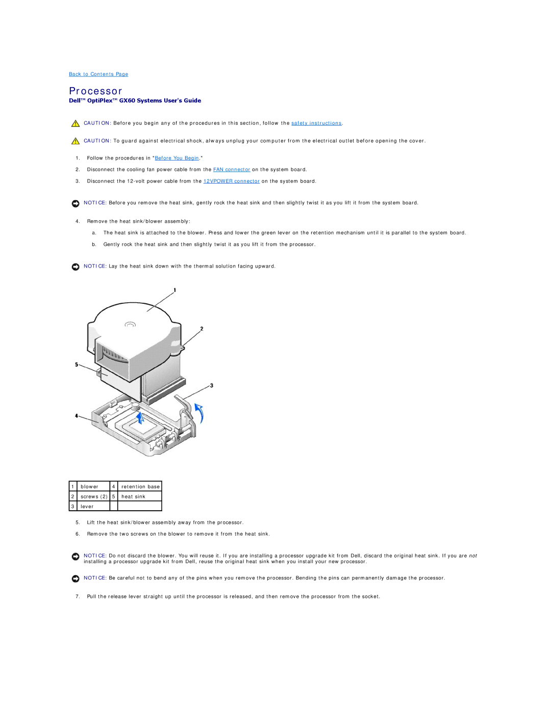 Dell GX60 manual Processor, Blower Retention base 