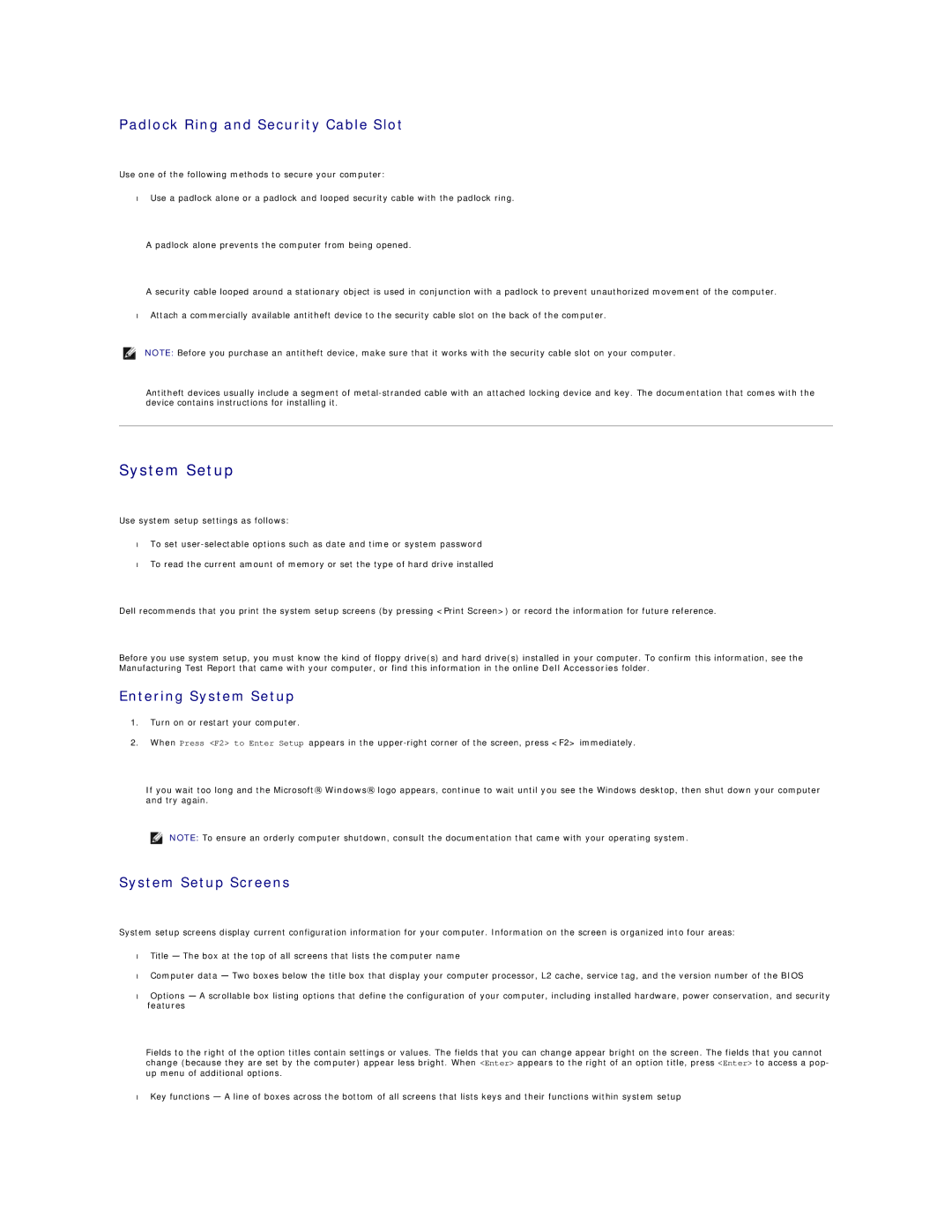 Dell GX60 manual Padlock Ring and Security Cable Slot, Entering System Setup, System Setup Screens 