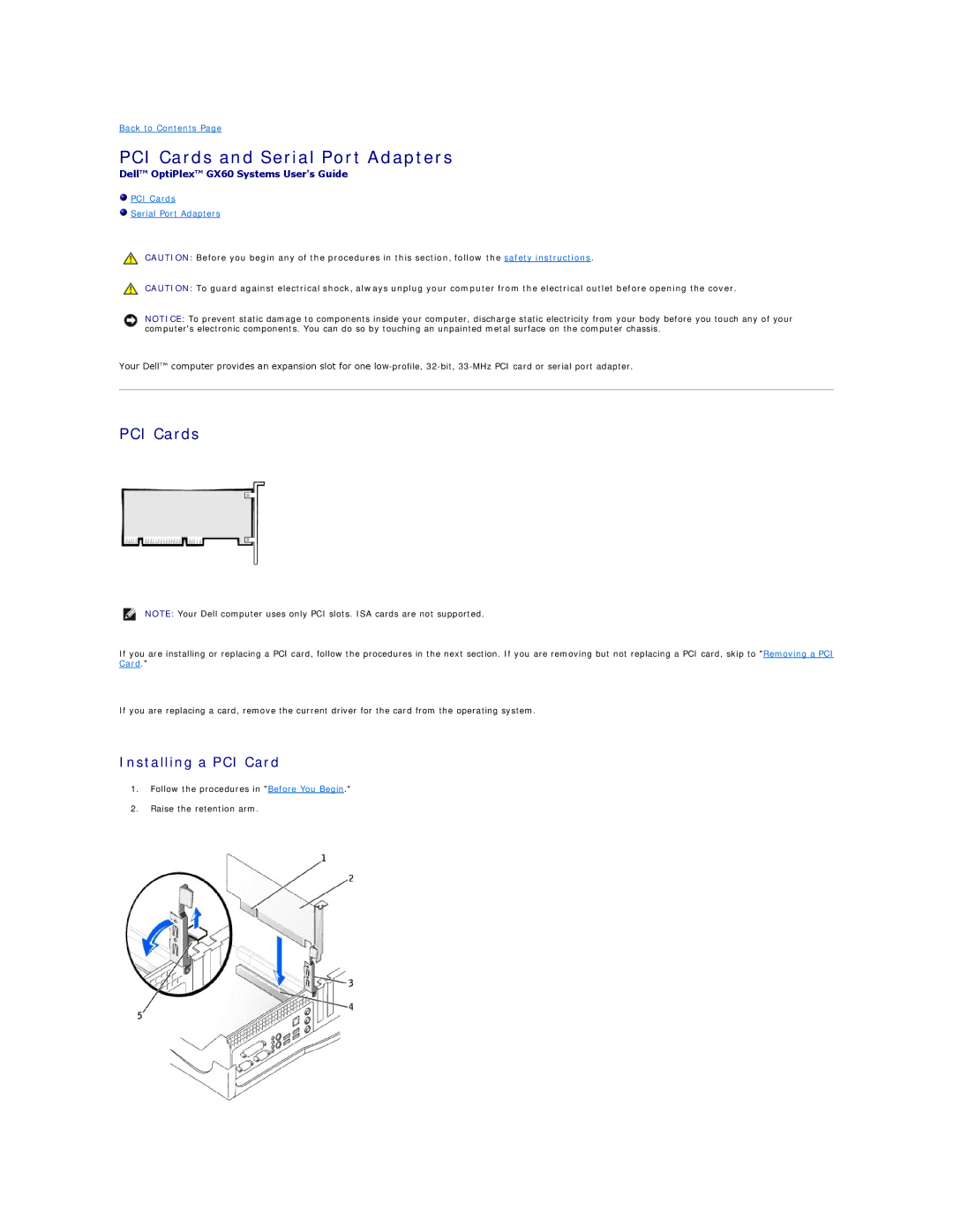 Dell GX60 manual PCI Cards and Serial Port Adapters 