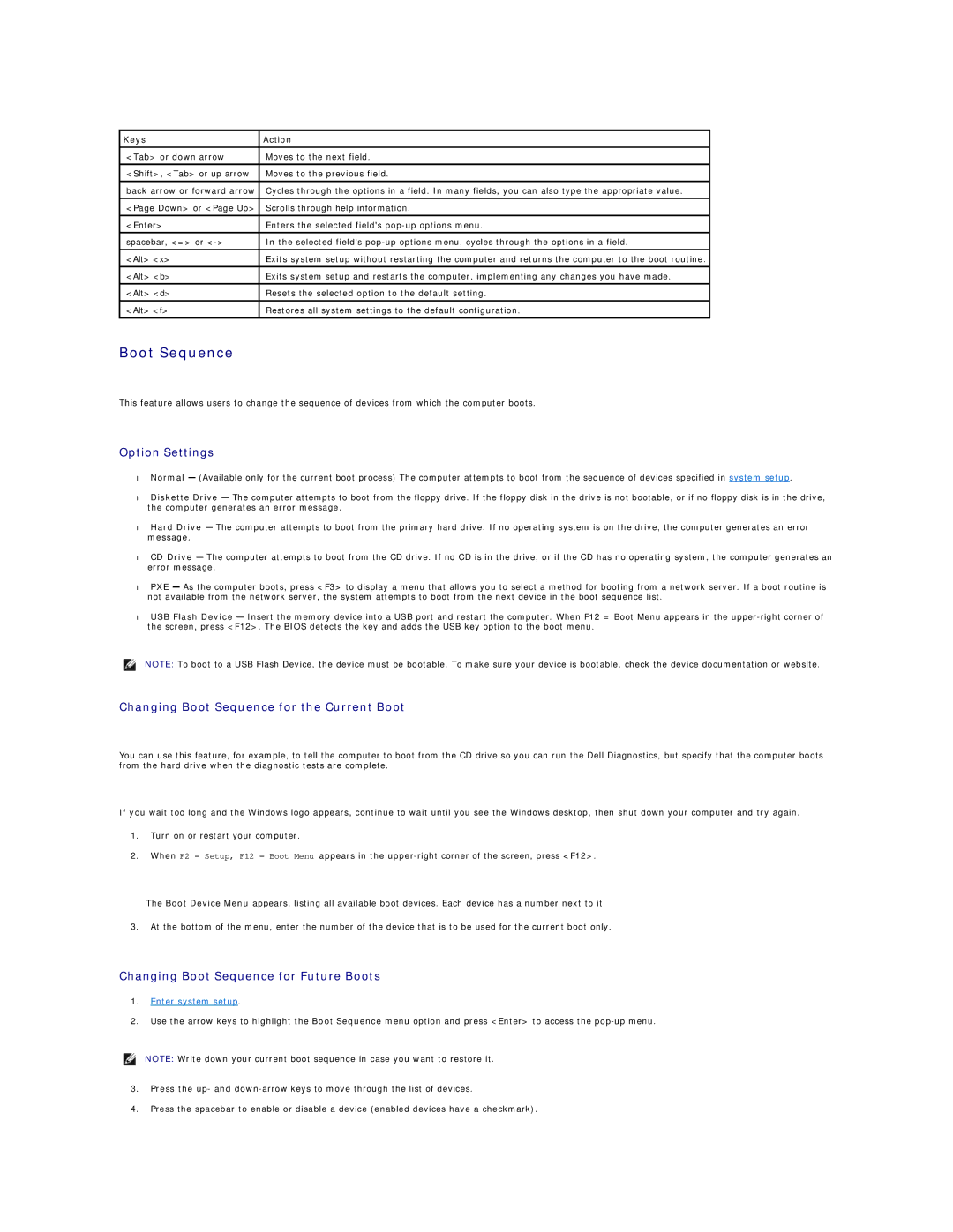 Dell GX60 manual Changing Boot Sequence for the Current Boot, Changing Boot Sequence for Future Boots, Keys Action 