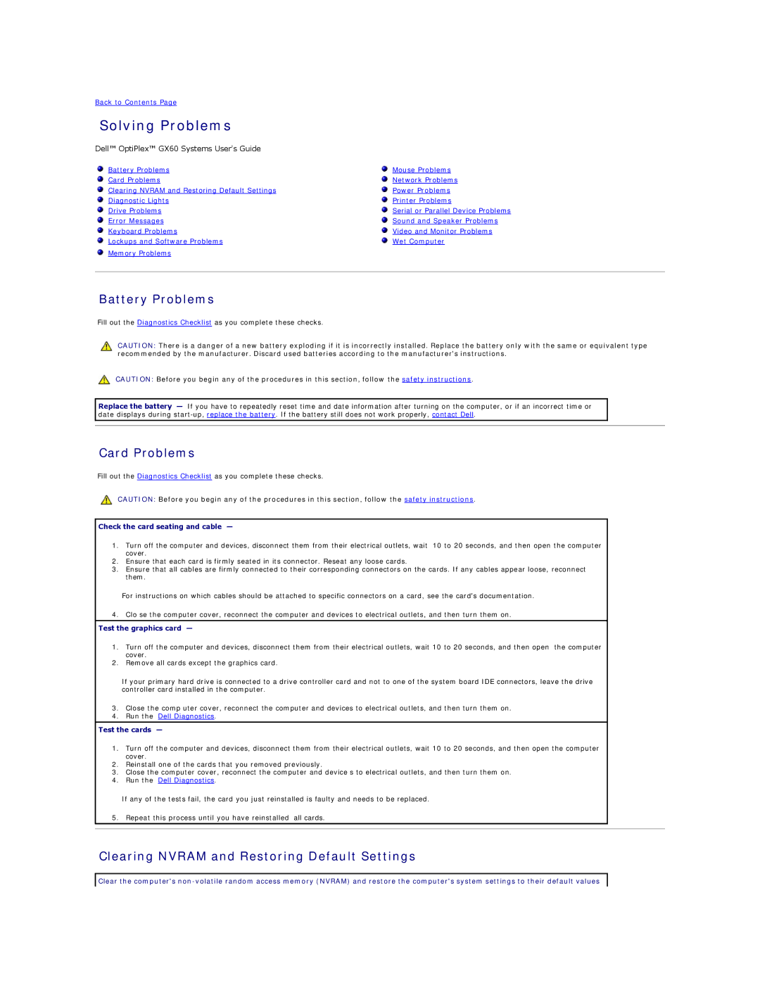 Dell GX60 manual Solving Problems, Battery Problems, Card Problems, Clearing Nvram and Restoring Default Settings 