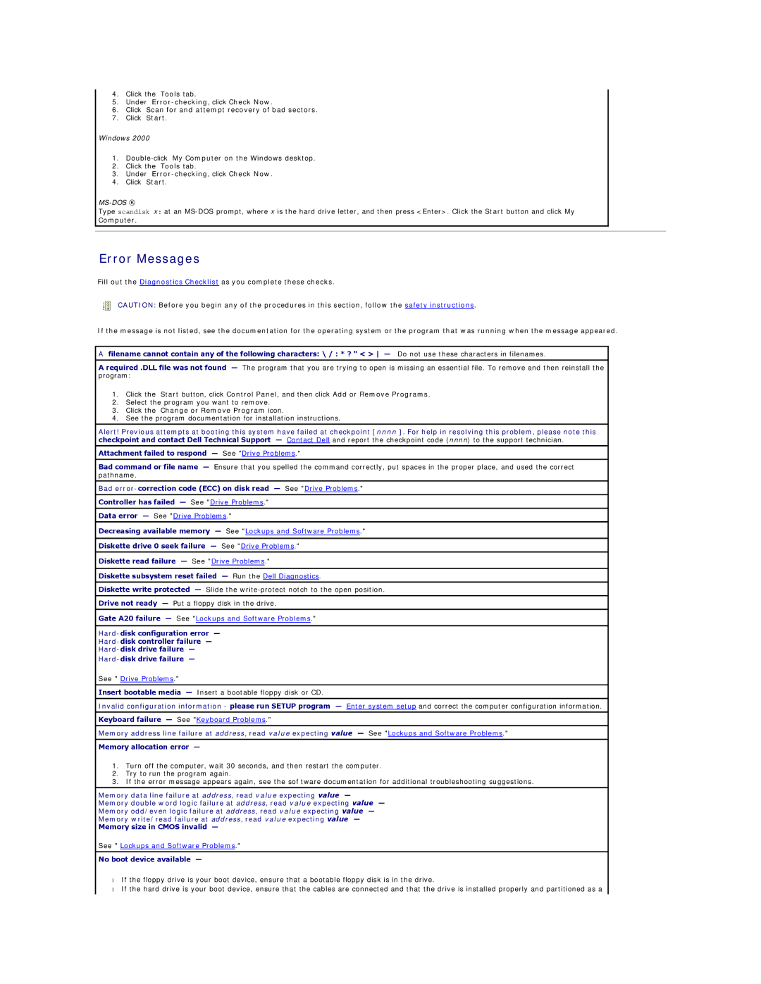 Dell GX60 manual Error Messages, Under Error-checking, click Check Now, Click the Change or Remove Program icon 