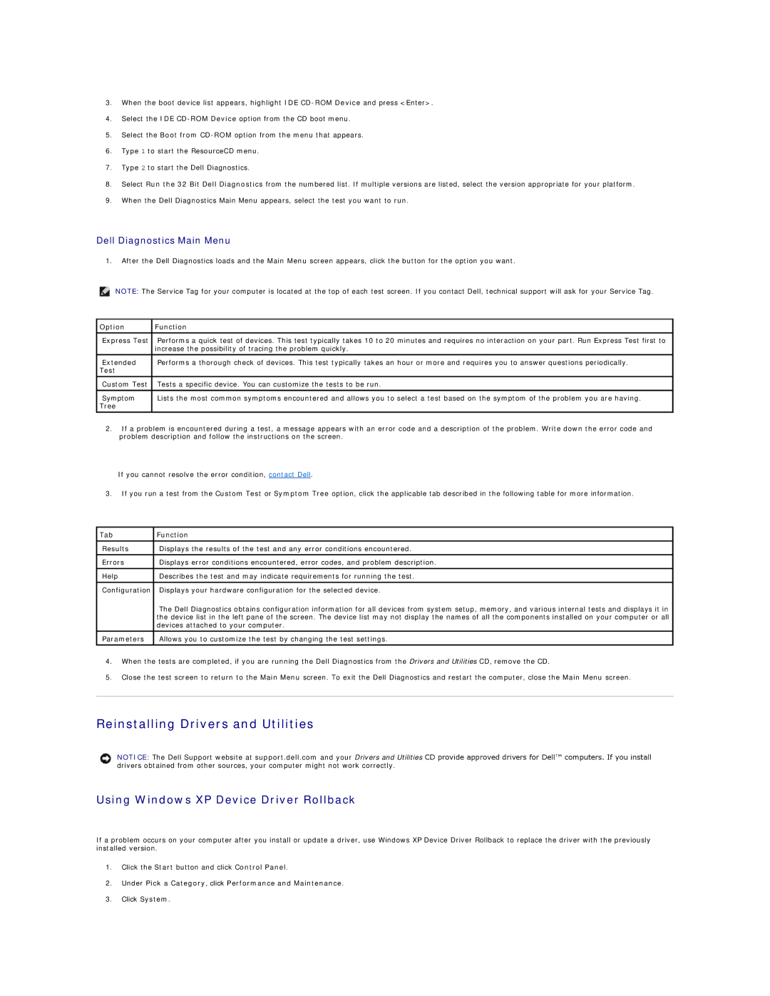 Dell GX60 manual Reinstalling Drivers and Utilities, Using Windows XP Device Driver Rollback, Dell Diagnostics Main Menu 