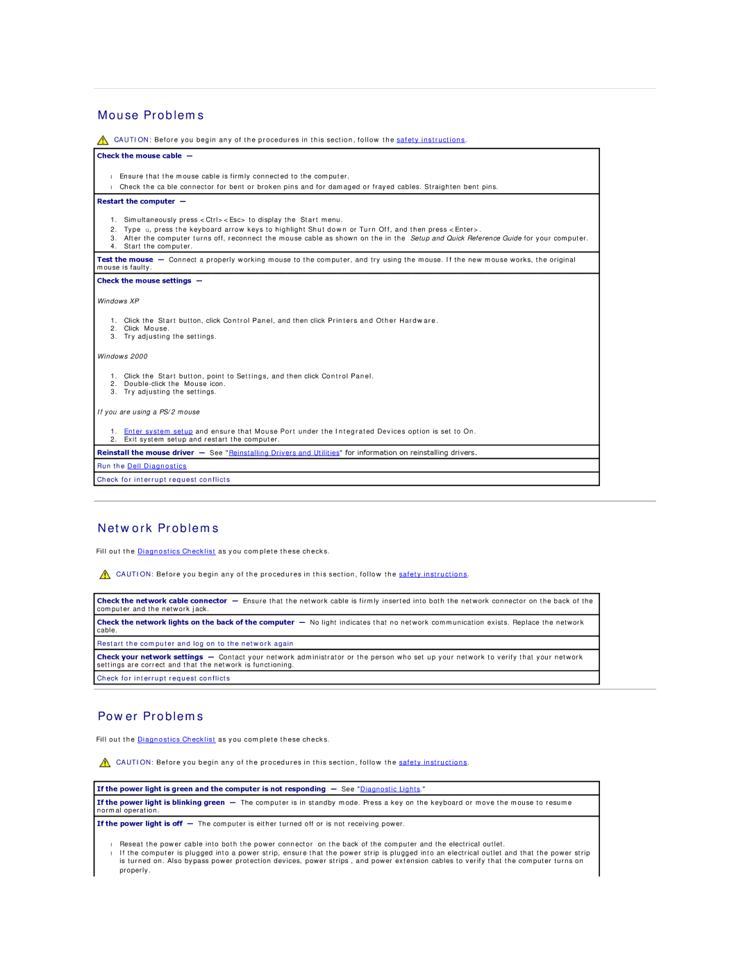 Dell GX60 manual Mouse Problems, Network Problems, Power Problems 