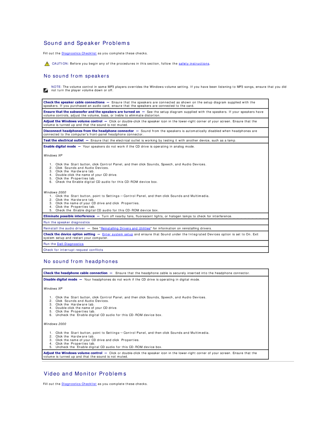 Dell GX60 manual Sound and Speaker Problems, Video and Monitor Problems, No sound from speakers, No sound from headphones 
