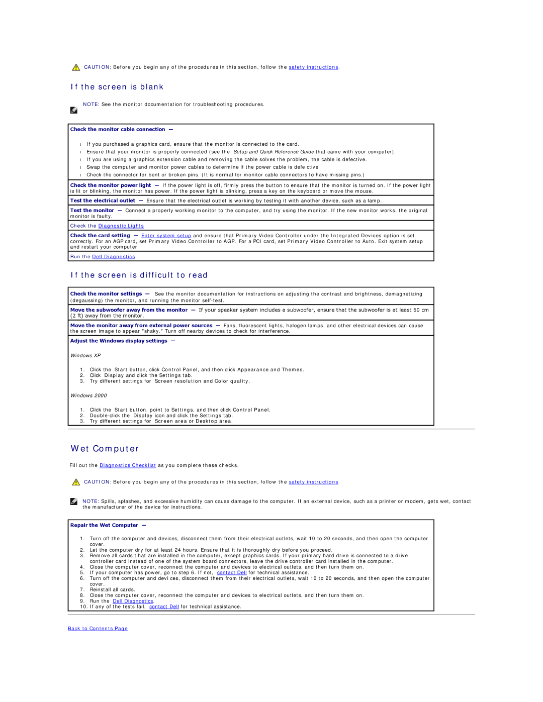 Dell GX60 manual Wet Computer, If the screen is blank, If the screen is difficult to read 
