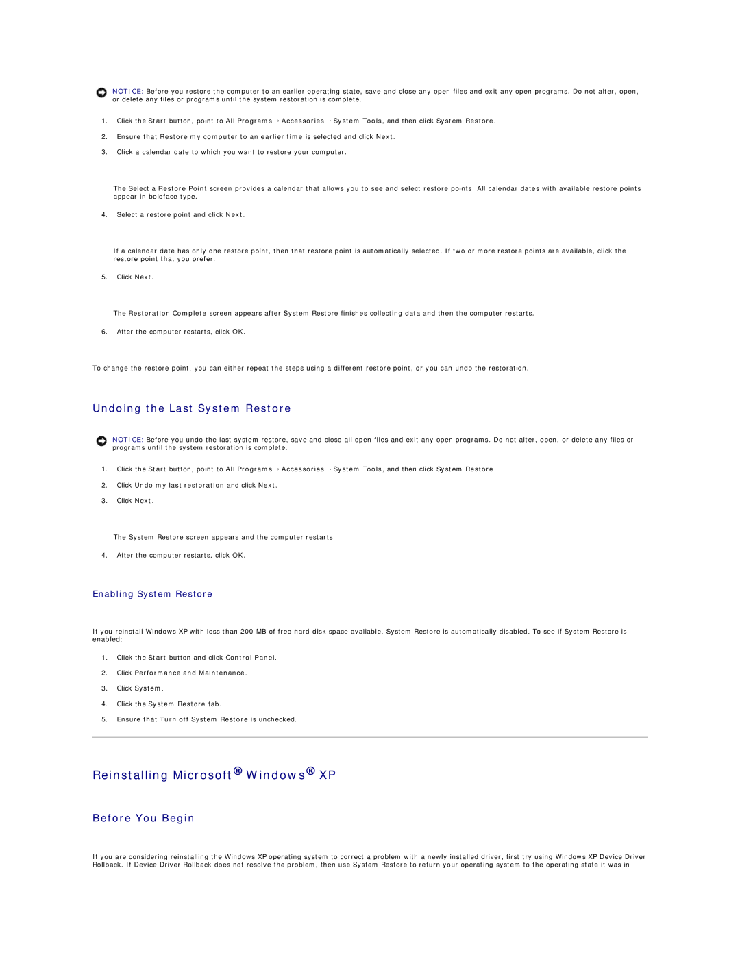 Dell GX60 Reinstalling Microsoft Windows XP, Undoing the Last System Restore, Before You Begin, Enabling System Restore 