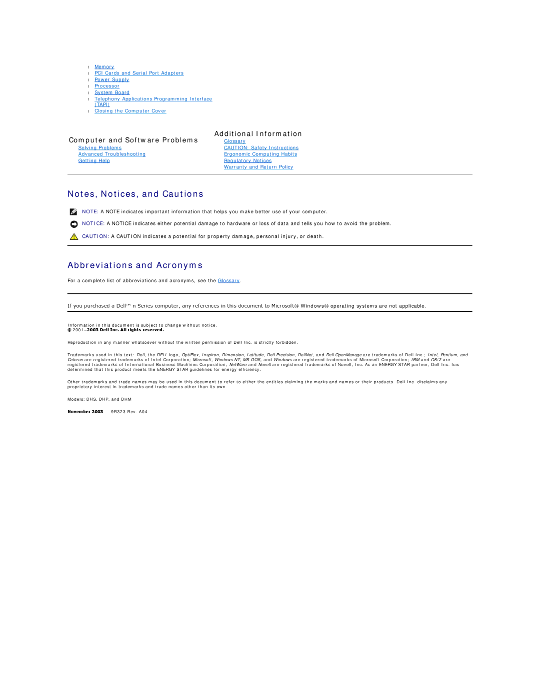 Dell GX60 manual Abbreviations and Acronyms, Computer and Software Problems Additional Information 