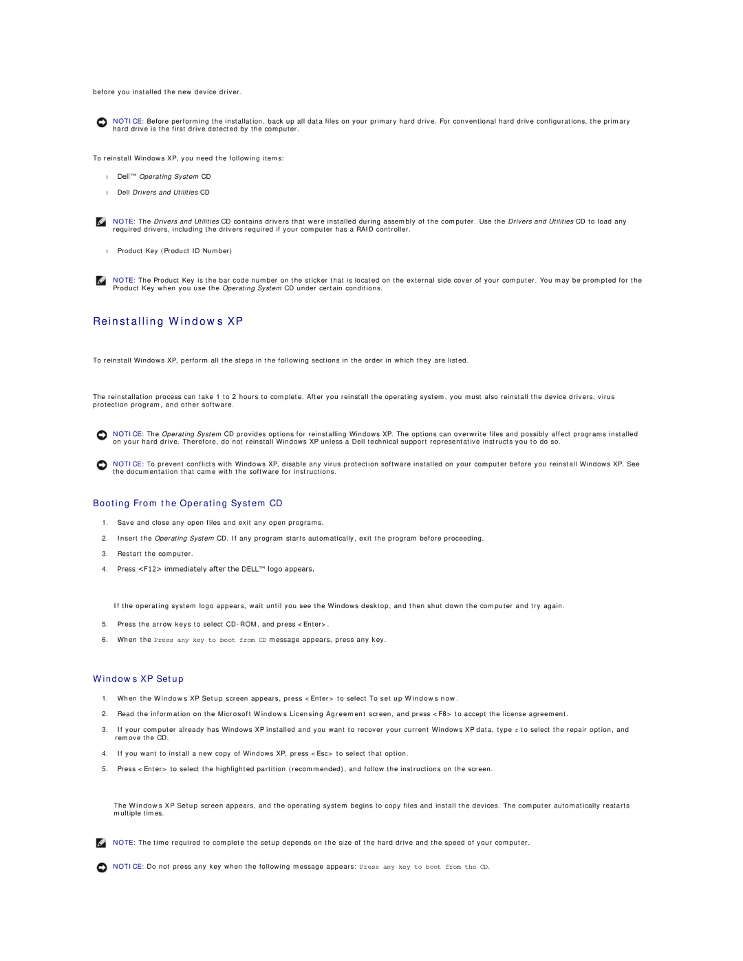 Dell GX60 manual Reinstalling Windows XP, Booting From the Operating System CD, Windows XP Setup 