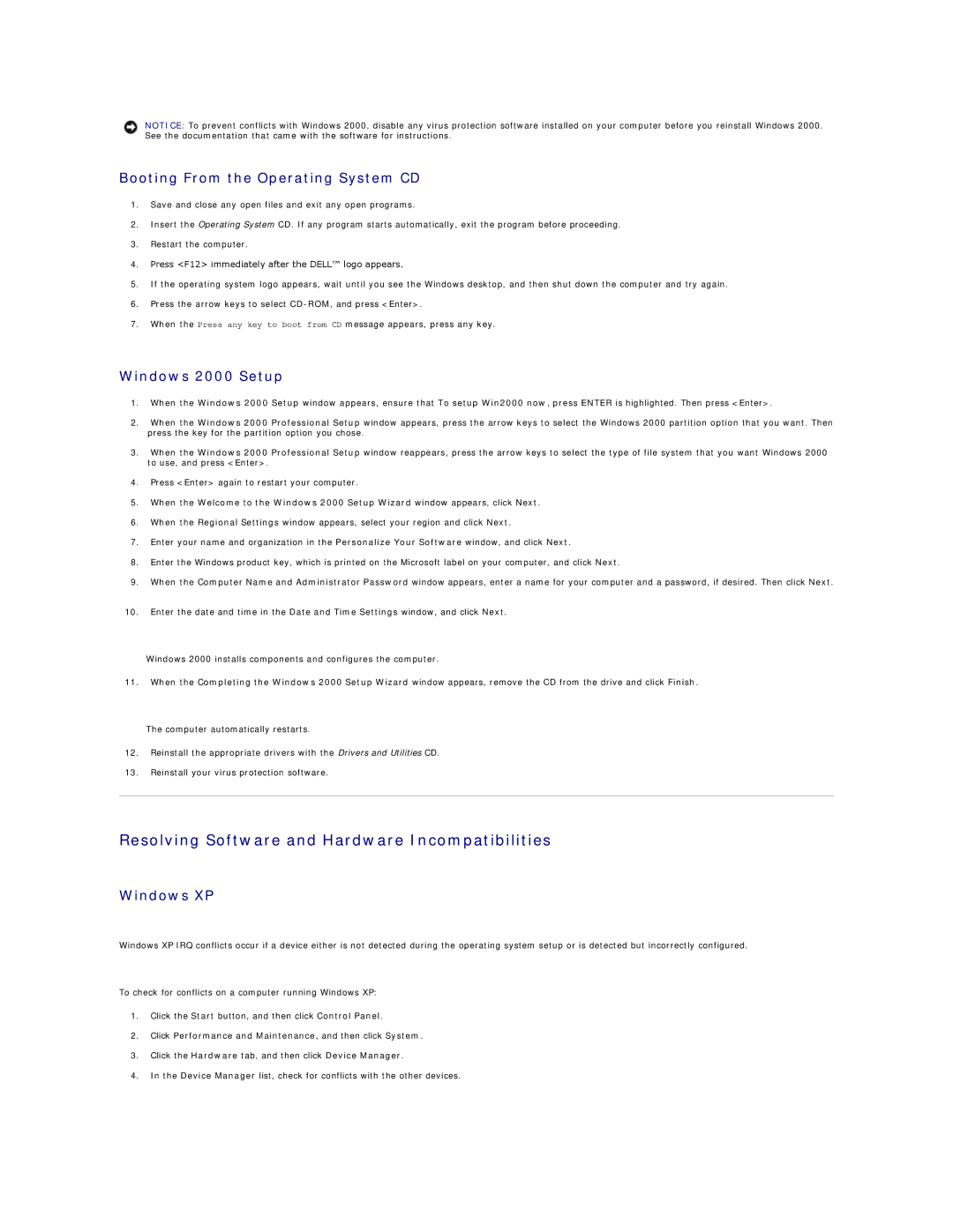 Dell GX60 Resolving Software and Hardware Incompatibilities, Booting From the Operating System CD, Windows 2000 Setup 