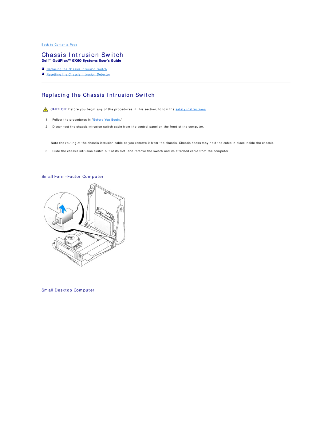 Dell GX60 manual Replacing the Chassis Intrusion Switch, Small Form-Factor Computer Small Desktop Computer 