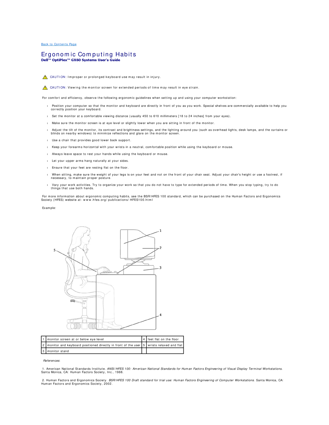 Dell GX60 manual Ergonomic Computing Habits, Monitor screen at or below eye level Feet flat on the floor 