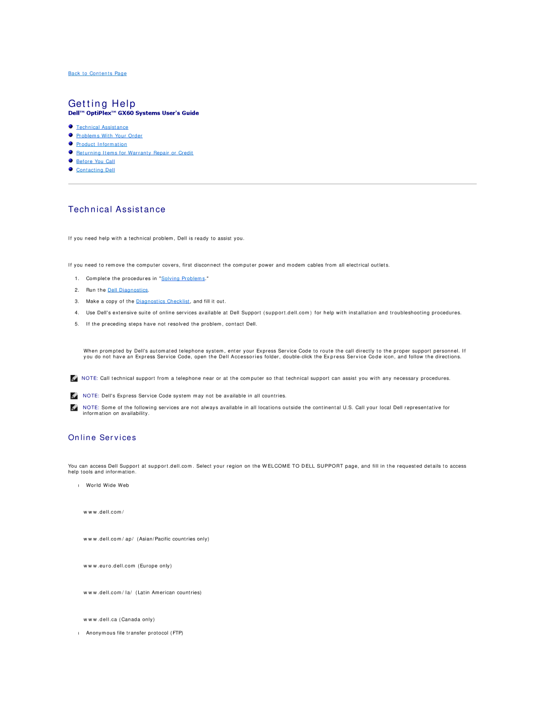 Dell GX60 manual Getting Help, Technical Assistance, Online Services 