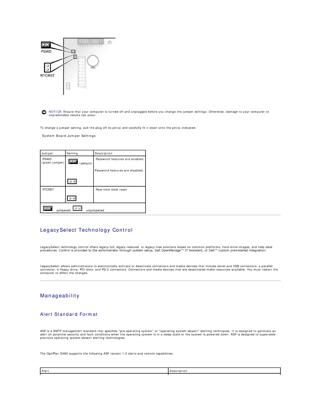 Dell GX60 manual LegacySelect Technology Control, Manageability, Alert Standard Format, Jumper Setting Description 